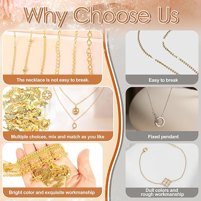 Meneng Necklace Jewelry Making Kit: 10 Rolls 78.7 Feet 18K Gold Plated Chains for DIY Western Necklace Bracelet - Jewelry Making Supplies for Beginners