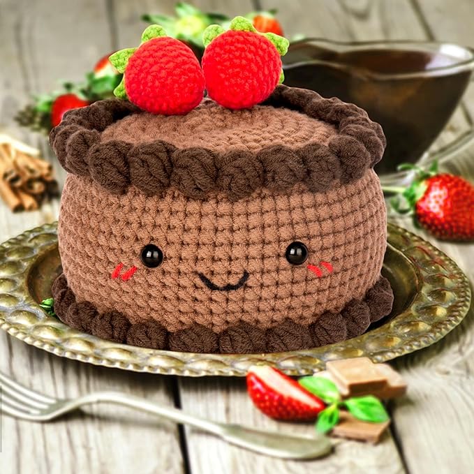 Crochetta Crochet Kit for Beginners, Crochet Starter Kit with Step-by-Step Video Tutorials, Crochet DIY Knitting Supplies for Adults Kids, Chocolate Strawberry Cake(40%+ Yarn)