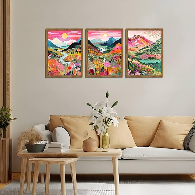 Boho Colorful Mountain Wall Art Set of 3, Abstract Watercolor Landscape Flower Wall Decor Paintings, Modern Nature Sunset Forest Posters Prints for Living Room, Bedroom 12x16 Inch Wood Framed
