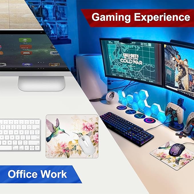 Mouse Pad, Watercolor Colibri Birds and Pink Flowers Mouse Pads for Desk,Soft Computer Mouse Mat Square Waterproof Non-Slip Rubber Base Gaming MousePads for Women Men,Laptop,Office