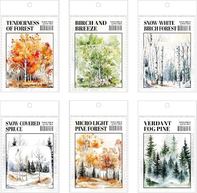 120 Pieces Botanical Tree-Themed PET Sticker, Christmas Tree Pine Tree Forest Scenery Stickers for Scrapbooking, Journaling, Creative Journal Supplies, and DIY Crafts