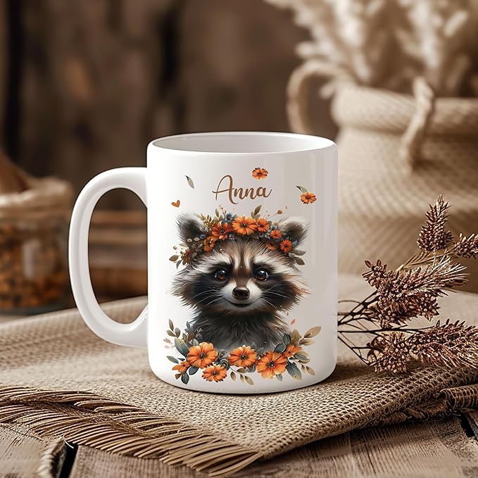 Hyturtle Personalized Cute Raccoon Coffee Mug - Raccoon Lover Gift - Custom Name Ceramic Mug 11oz-15oz