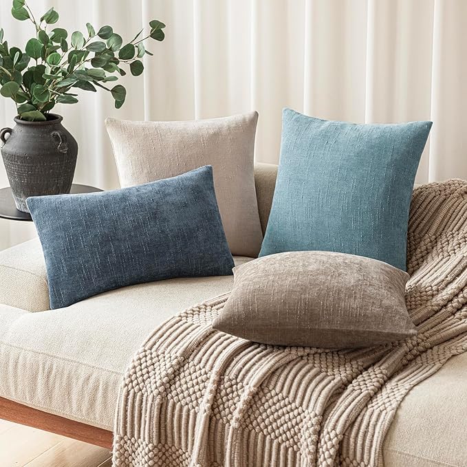 Foindtower Pack of 2 Textured Chenille Throw Decorative Pillow Covers Square Accent Solid Cushion Cover Neutral Farmhouse Pillow Case for Couch Sofa Bedroom Living Room 18x18 Inch,Light Blue