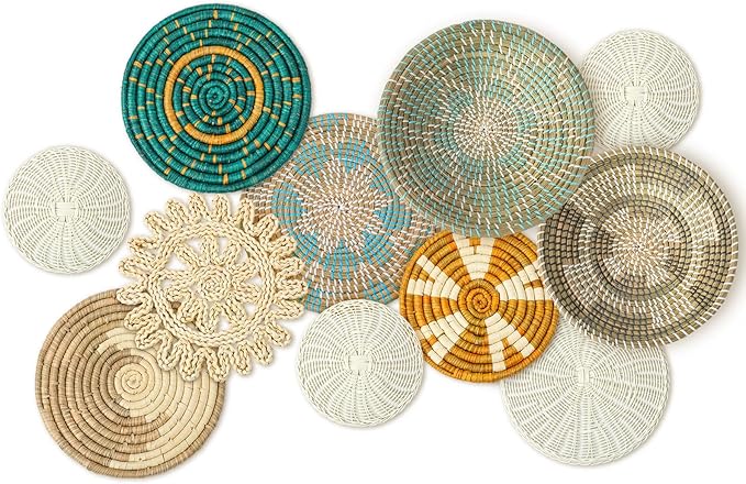 Tatuo 11 Pcs Boho Wall Basket Decor Decorative Bulrush Woven Basket Wall Decor Art Round Farmhouse Hanging Baskets for Kitchen Rustic Home Summer Decorations, Multi Sizes(Bright)