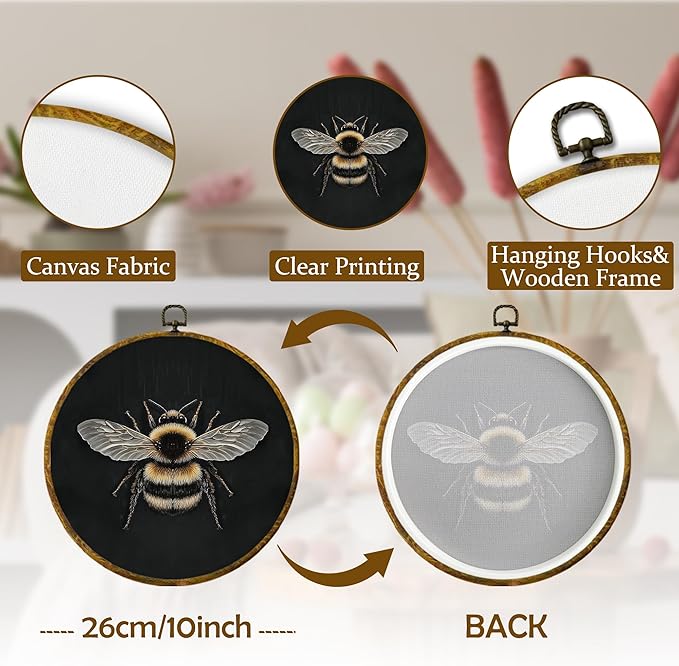 Mcehtle Vintage Bee Wall Art Decor, Moody Honey Bee Cottagecore Framed Canvas Prints 10x10, Dark Academia Insect Round Wall Hanging Artwork Decorations for Gallery Bedroom Living Room