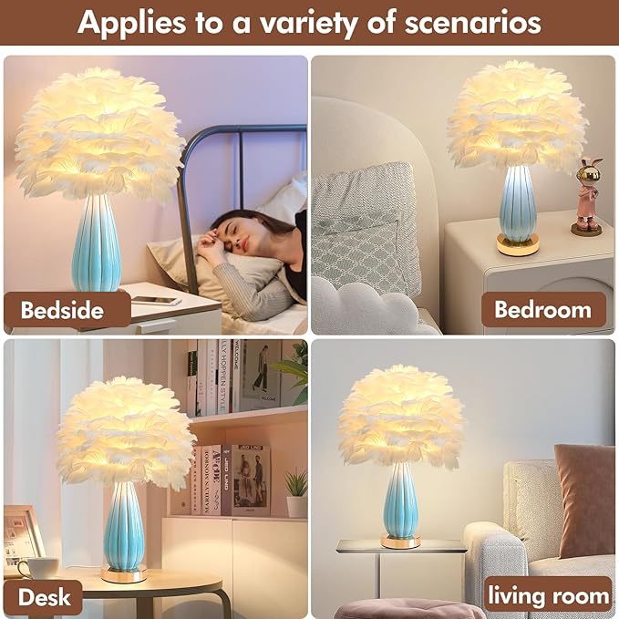 Chic White Feather Lamp Creative Feather Bedside Lamp Princess Nightstand Table Lamp Deco Nordic Desk Light for Cute Girl Bedroom Wedding Christmas Gift Living Room Entry Ceramic Body