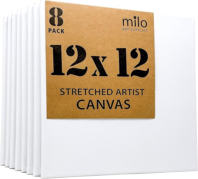 milo Stretched Artist Canvas | 12x12 inch | Value Pack of 8 Canvases for Painting, Primed & Ready to Paint Art Supplies for Acrylic, Oil, Mixed Wet Media, & Pouring, 100% Cotton with Pine Wood Frame