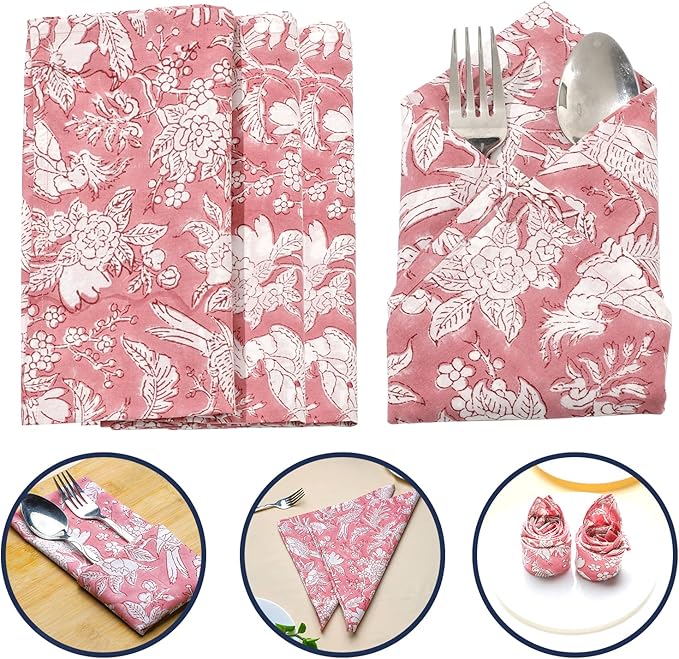 CPC Cloth Napkins 100% Cotton Set of 4 Reusable Napkins, Indian Block Print Toile Floral Dinner Napkin, Fall Thanksgiving Christmas Holiday Party Gift - Soft Absorbent Napkin, 18"x18" Pink Coral