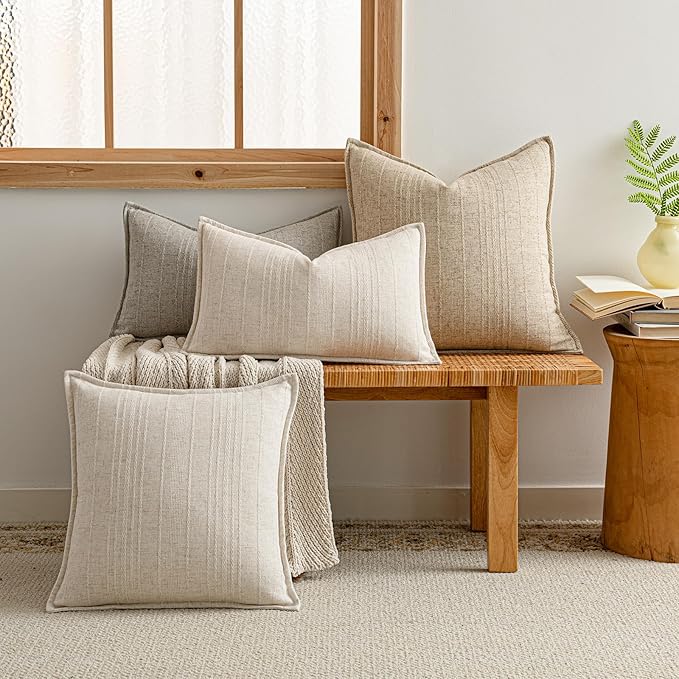 a moment Linen Pillow Covers Set of 2,Boho Farmhouse Throw Pillowcases Neutral Textured Decorative Covers for Couch Sofa, Soft Linen Blend Accent Case Cushion Living Room Home Decor 26"x26"Khaki