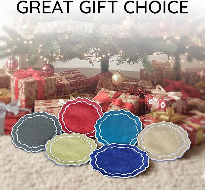 Drink Coasters Set of 6, 6x6 inch, Absorbent Linen Drink Mats with Scalloped Edge, Reusable Handmade Coffee Coasters for Home Decor & Tabletop Protection & Gift Giving (Peacock)