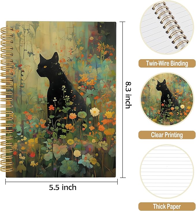 Vintage Black Cat Journal Notebook - Retro Cottagecore Floral Notebooks College Ruled for Work School, Gifts for Cats Lovers Women, Cat Office Supplies, Hardcover Spiral Notebook 5.5"x8.3"
