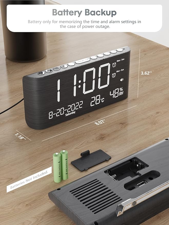 Raynic Alarm Clock, 8.7 Inch Digital Clock, Alarm Clock with USB and Type-C Charger,Dual Alarms,Temperature, Humidity,Date, 5 Adjustable Volume and 5 Dimmer for Bedroom Living Room Office (Grey)
