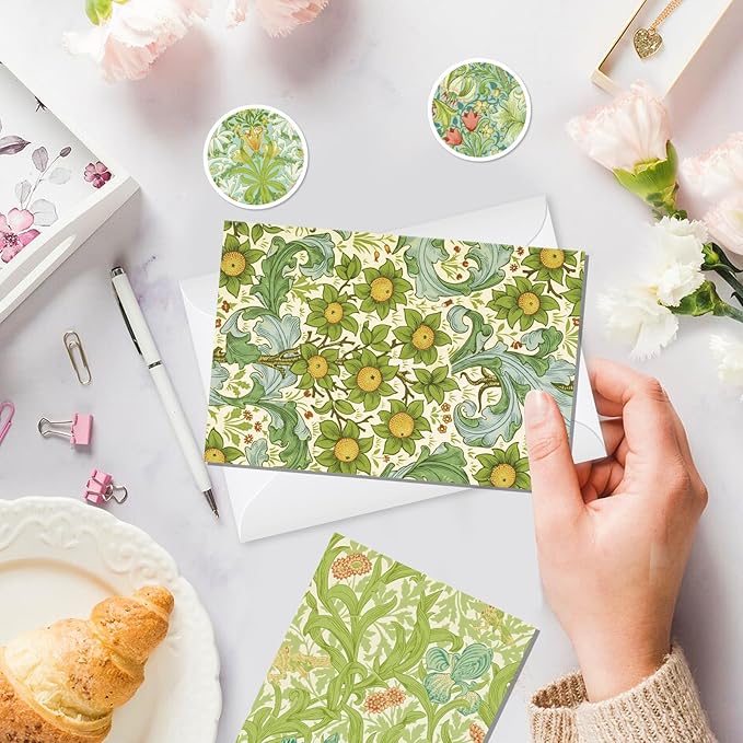 24 Pack William Morris Greeting Cards with Envelopes & Stickers - 6 Vintage Floral Leaves Retro Botanical Styles Blank Note Cards for Wedding, Birthday Greetings, Baby Shower, Thank You & More
