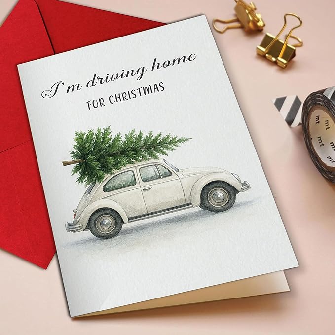 (5.3x8in) I’m Driving Home for Christmas Card with Envelope, Vintage Watercolor Car with Tree Design, Classic Holiday Greeting Card for Family, Friends, Couples, and Loved Ones (Xmas 29)