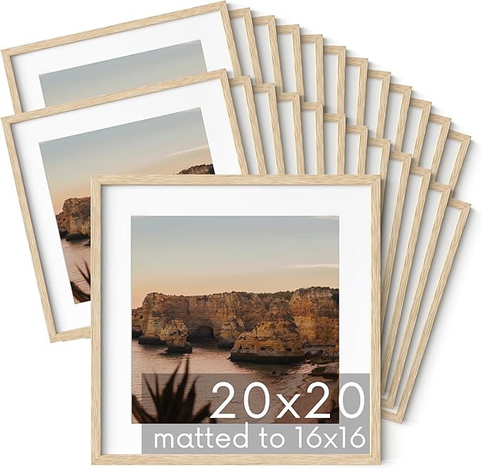 HAUS AND HUES Beige Oak Wood 20x20 Picture Frames - Set of 25, Square Frames with Mat, Large Frames for Wall Gallery (20x20 in, Beige, Set of 25)