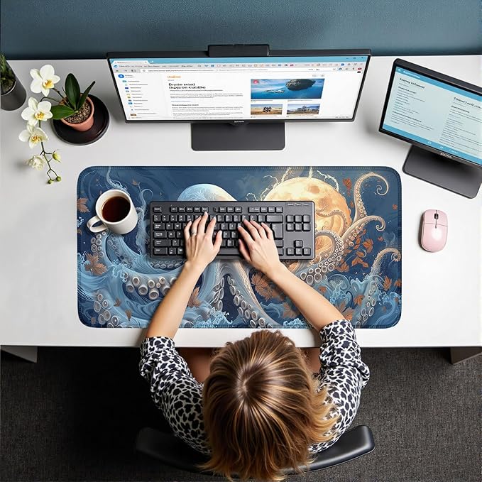White Octopus Moon Gaming Mouse Pad Xl-31.5x15.7in- Octopi Desk Mat- Blue Extended Aesthetic Keyboard Mouse Pad, Gamer Gifts, Gift for Him/Her