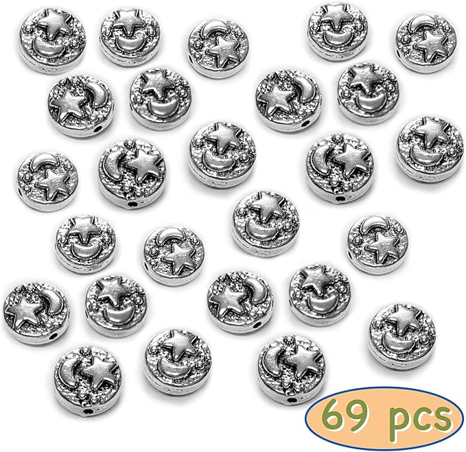 Tibetan Silver Spacer Beads for Jewelry Making - Flat Beads for Necklace, Earring & Bracelet Making Kit - Bulk 69pcs Silver Jewelry Set 9mm