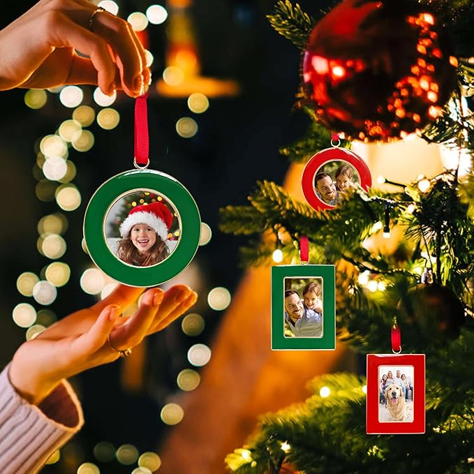 Christmas Picture Frame Ornaments - Set of 4 Green 2.5x2.5 Inch Mini Frames with Red Ribbon, Metal Photo Frames for Christmas Tree Decorations, Holiday Gift for Family & Friends
