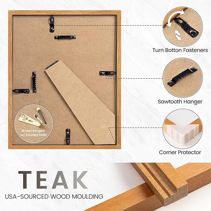 8x10 Picture Frame, USA-Sourced Natural Teak Wood Photo Collage Frame with HD Tempered Glass, Modern Simple 8 x 10 Wooden Frame Matted to 5x7, Gallery Wall Frames for Art, Wall or Tabletop Display