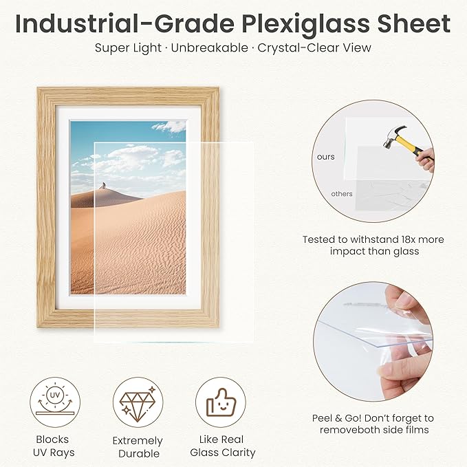 Dreamland 8x10 Picture Frame Set of 3, Solid Oak Wood Photo Frame with Mat for 5x7, 8 x 10 Matted Picture Frames with Resistant Plexiglass for Wall Mounting or Tabletop, Oak Color