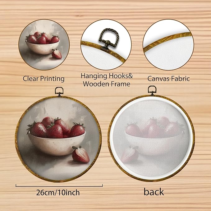 Hiuwevt Vintage Moody Strawberry Round Wall Art Decor, Dark Academia Strawberry Framed Canvas Prints, Farmhouse Rustic Fruit Round Wall Hanging Decor for Kitchen Home Bedroom Decorations, 10x10 Inches