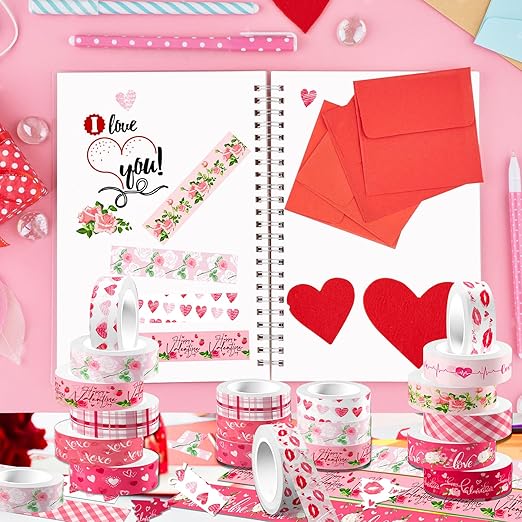 12 Rolls Pink Heart Washi Tape Set, Valentine's Day Love Heart Masking Tape Decorative Paper Tape for DIY Craft Wrapping Scrapbook Envelope Wedding Party,16.4FT