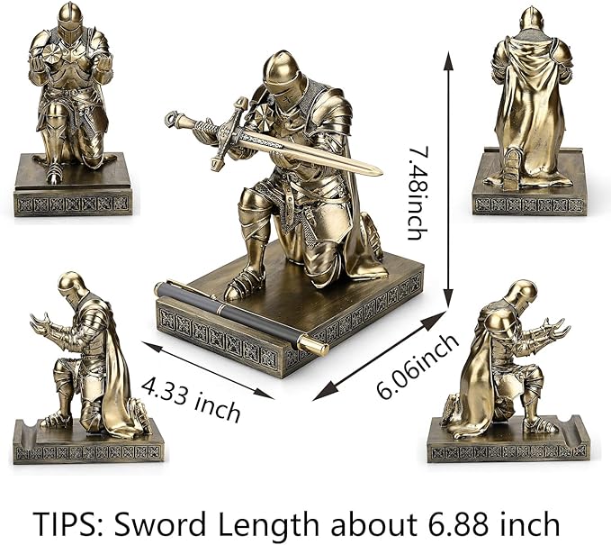 King's Guard Leader Cloak Warrior Knight Pen Holder Mobile Phone Stand, Ornament Knight Statue, Pen Stand Paperweight for Office and Home (Bronze)