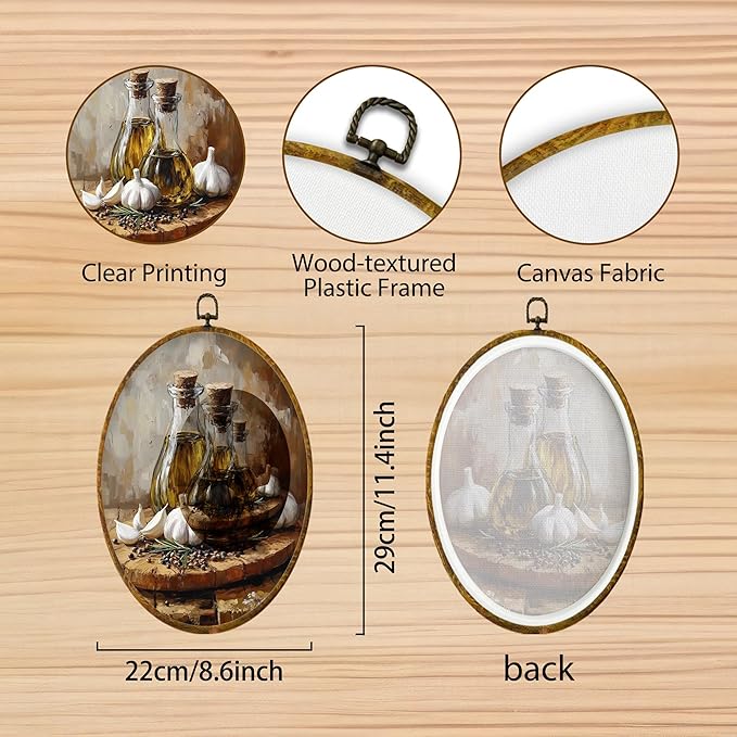 Hiuwevt Kitchen Oval Wall Art Decor, Vintage Still Life Garlic Framed Canvas Prints, Rustic Cottagecore Farmhouse Food Round Wall Hanging Decor for Bedroom Home Decorations, 8.6x11.4 Inches