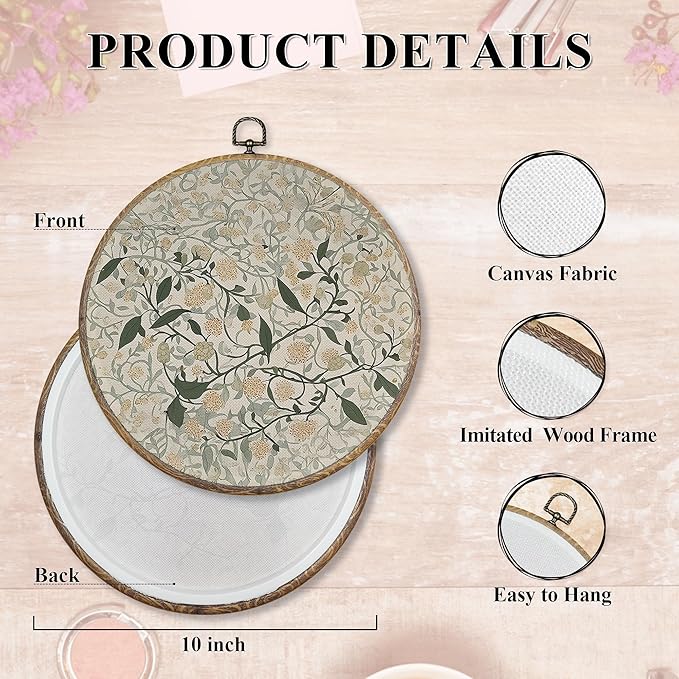 FUGWN Vintage Jasmine Floral Round Wall Art Decor Framed, William Morris Flower Botanical Canvas Artwork Prints, Retro Floral Wall Hanging Decorations for Home Bedroom Living Room, 10x10 Inch