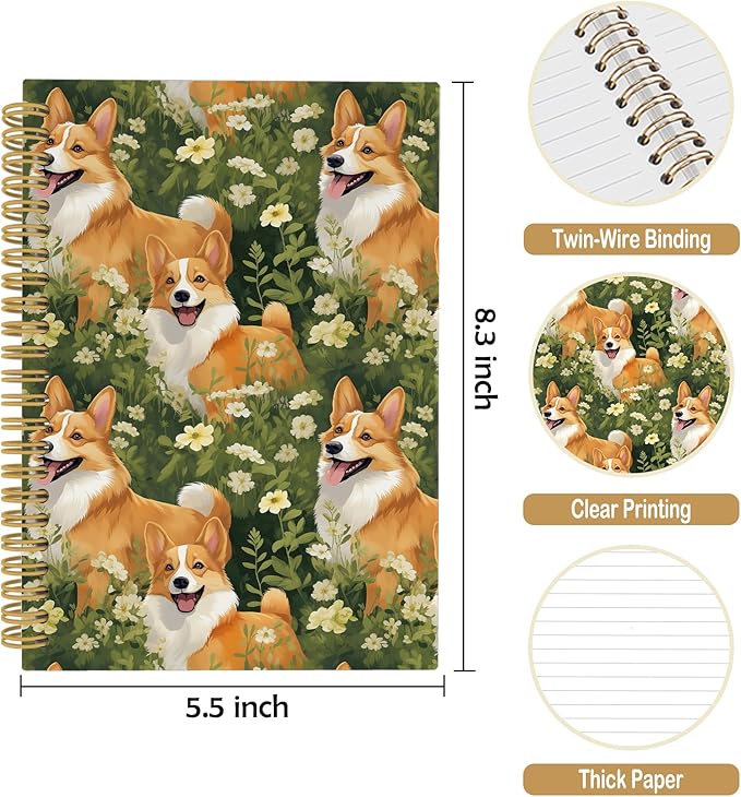 Cute Dog Corgi Floral Journal Notebook - Welsh Corgi Dog Flower Notebooks College Ruled for Work School, Gifts for Dog Mom Dog Lovers, Office Supplies, Hardcover Spiral Notebook 5.5"x8.3"
