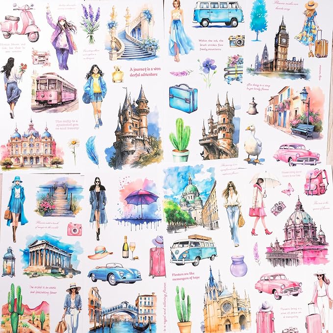 Journaling Sticker Book, 20 Sheets Scrapbook Stickers, Junk Journal Supplies, Pre-Cut Aesthetic PET Materials, Watercolor Scrapbooking for Adults, Decorative Ephemera Bullet Planner Arts Craft