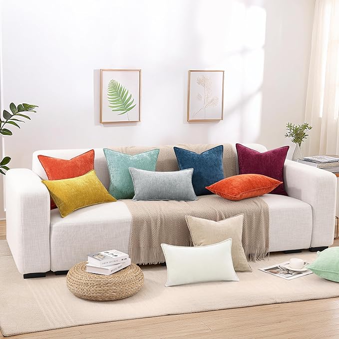 decorUhome Spring Couch Euro Sham Throw Pillow Covers 22x22 Set of 2, Decorative Soft Velvet Neutral Chenille Pillow Covers with Elegant Design for Sofa Bed Living Room Home Decor, Beige