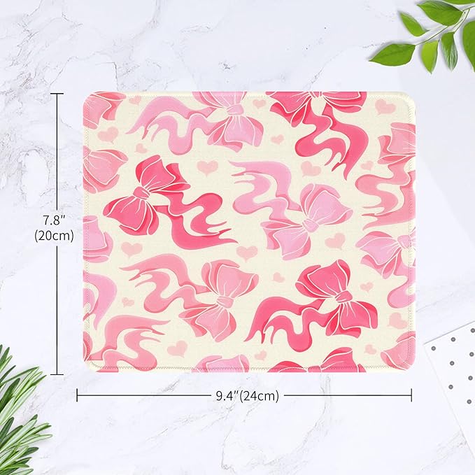 Seorsok Square Abstract Art Pink Bows and Little Love Heart Mouse Mat,Premium Textured Mouse Pads for Office Laptop,Washable Square Mousepads with Extended Stitched Edges Non Slip Rubber Base