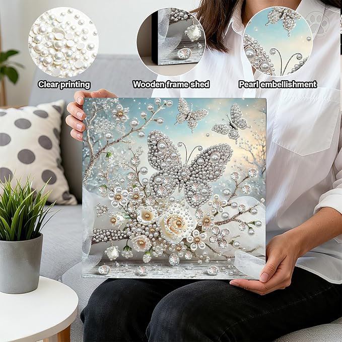 DIY Pearl Painting Kit with Wooden Frame, 3D Plastic Pearl Gemstone Ocean Art Craft for Adults Beginners, Diamond Art Kits for Adults, Home Wall Decor Ready Gift for Women(Butterfly Garden)(30*30cm)