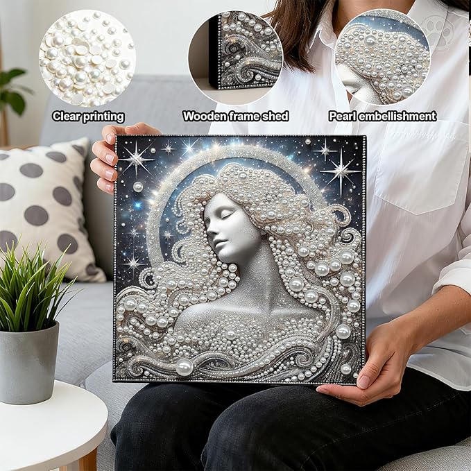 DIY Pearl Painting Kit with Wooden Frame, 3D Plastic Pearl Gemstone Ocean Art Craft for Adults Beginners, Diamond Art Kits for Adults, Home Wall Decor Ready Gift for Women(Celestial Goddess)(30*30cm)