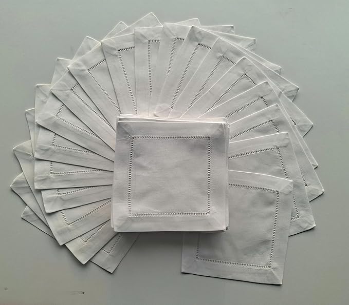 Cocktail Napkins Linen 6"X6" Set Of 50, Linen Blend Cocktail Napkin, Cloth Napkin Coasters Ladder Hemstitch Beverage Party, White Cocktail Napkins Beverage Party Napkin Super Value Bulk 50 Pack