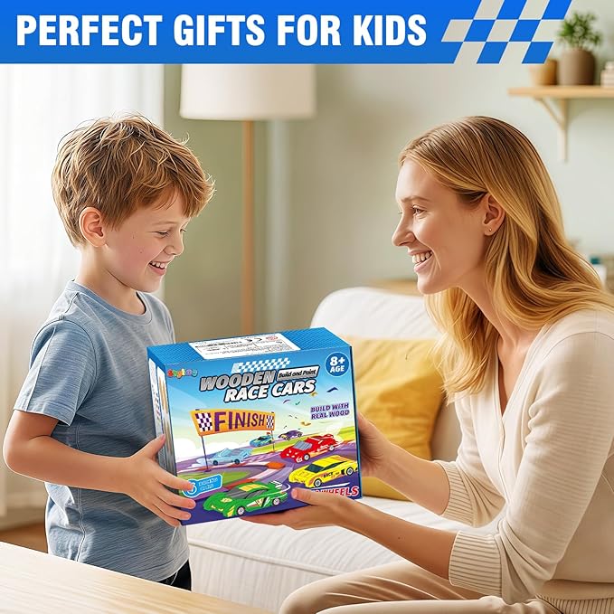 Arts & Crafts Kit DIY Toys for Kids Age 8-12, Build & Paint Your Own Wooden Car, 6 Race Cars, Easy to Assemble Painting Sets, Christmas Birthday Gifts for 4 5 6 7 8 9 10 11 12 Year Old Boys Girls.