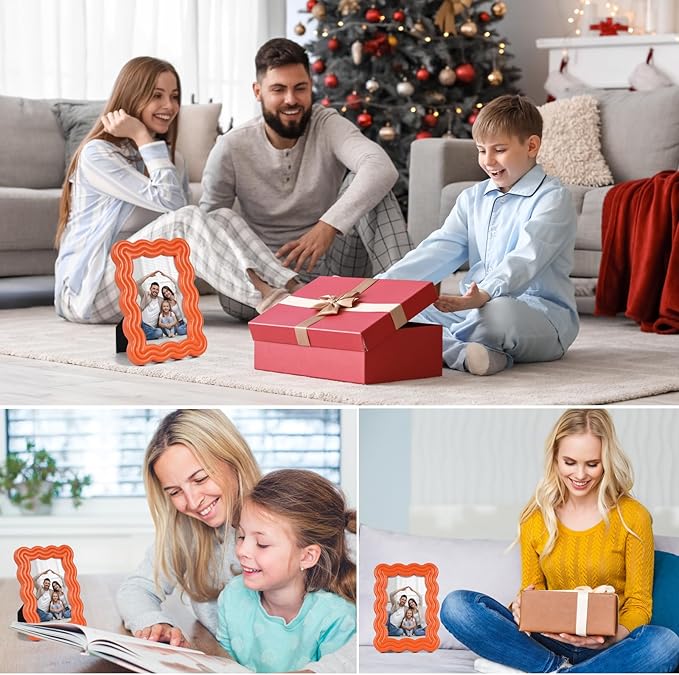5x7 Picture Frame, Display Pictures 5x7 with Mat, Wavy Edge Wood Photo Frame for Tabletop and Wall Hanging, with Clear Plexiglass for Vertical or Horizontal Display, Orange, 1 Pack