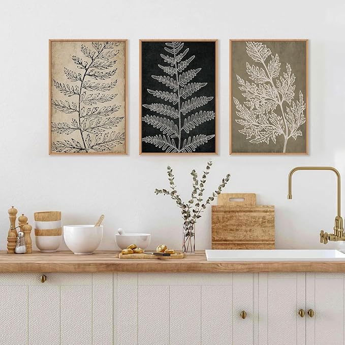 KAIRNE Farmhouse Botanical Wall Art Set of 3, Framed Fern Leaf Prints for Home Decor, Living Room Bedroom, Rustic Black Tan Minimalist Plant Painting, 16x24 Inch