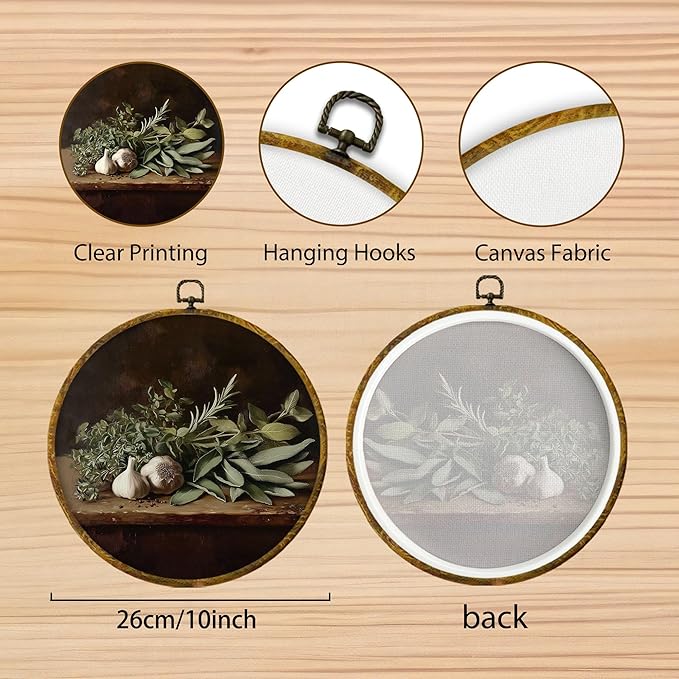Hiuwevt Rustic Kitchen Round Wall Art Decor, Cottagecore Botanical Framed Canvas Prints, Farmhouse Herb and Garlic Round Wall Hanging Decor for Kitchen Dining Living Room Decorations, 10x10 Inches