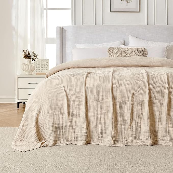 Joydeco 100% Cotton Muslin Throw Blanket for Couch Bed and Sofa, 4-Layer Lightweight and Breathable Soft Gauze Blanket for All Season, Luxury Throws Cotton Blanket Gift(Light Tan, 55"x75")