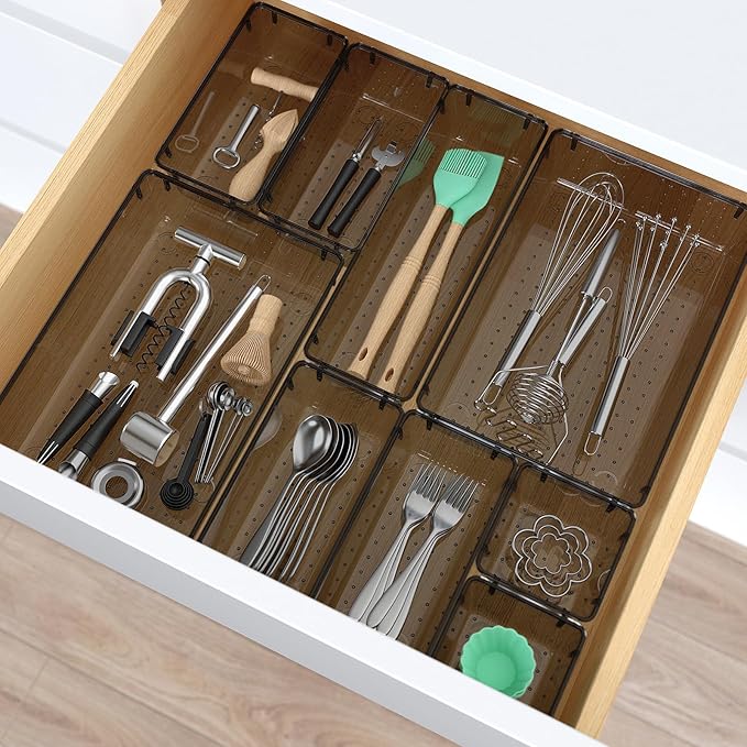 13 PCS Clear Plastic Drawer Organizers Set, 4 Size Desk Drawer Organizer Trays for Makeup, Jewelry, Kitchen Utensils, Gadgets and Office Accessories, Black