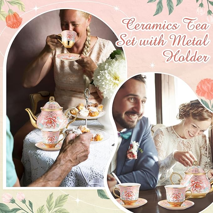 Zhehao 20 Pcs Porcelain Tea Set with Metal Holder and Spoon Adult Ceramic Tea Set European Flower Painting Teapot Cup Saucer Spoon for Women, Large Version (Pink Style)
