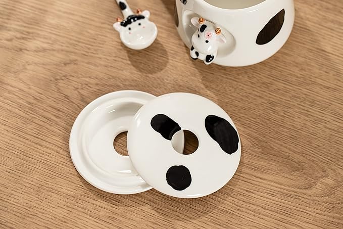 DIHOclub Adorable 3D Ceramic Cow Mug with Lid and Spoon - Perfect for Coffee, Tea, Milk, and More - Ideal Gift for Animal Lovers Gift for Mather- 14 Ounces(BLack white)