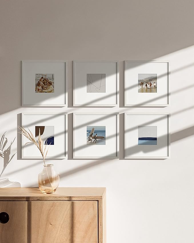HAUS AND HUES Solid Oak Wood 10”x10” Picture Frames Matted to 5”x5” Set of 6 - Square White Picture Frames 10x10, White Frames 10 x 10, Gallery Wall Frame Set, 10 x 10 White Poster Frames