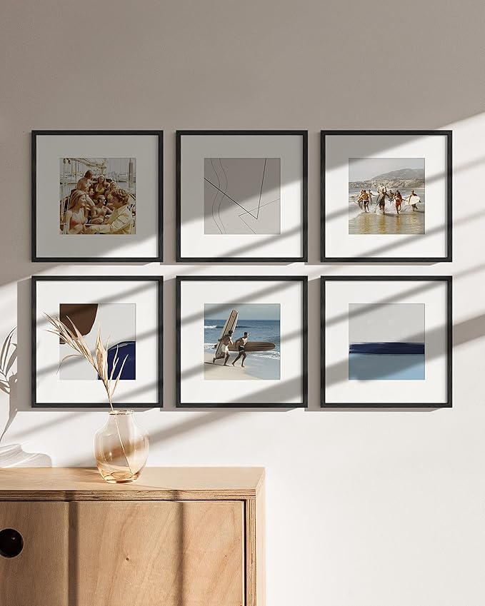HAUS AND HUES Solid Oak Wood 12”x12” Picture Frames Matted to 8”x8” Set of 6-12 by 12 Frames Square, 12x12 Square Black Frames for Gallery Wall, 12x12 Frame with Mat, 12 x 12 Frames