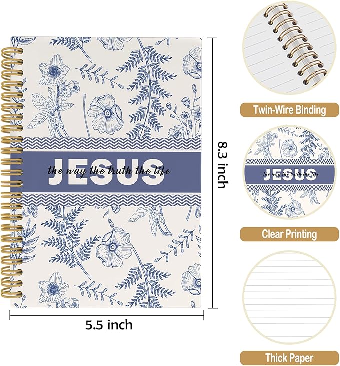 Christian Jesus Journal Notebook, Blue and White Floral Notebooks College Ruled for Work School, Preppy Bible Gifts for Women, Office Supplies, Hardcover Spiral Notebook 5.5"x8.3"