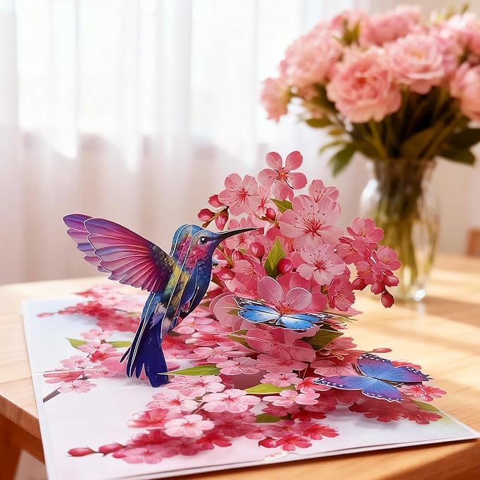 Hummingbird Cherry Blossom Greeting Cards Pop Up 3D Gift for Happy Birthday, Anniversary, Thank you, Blank Notecard, All Occasions Mom Wife Grandma Grand Men Women