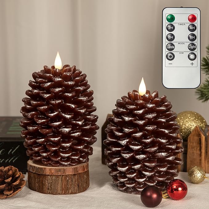 Pinecone Flameless Candles with Remote Timer, 2 Pack Real Wax Battery Operated LED Candles for Christmas Decorations, Rustic Holiday Table Centerpieces, Winter Home Dรฉcor Brown