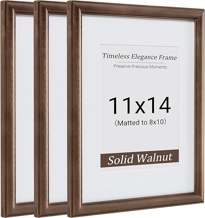 Heimlove 11x14 Picture Frame,11 x 14 Natural Solid Walnut Wood Frame Matted to 8x10 with Tempered Glass,11"x14" Handcrafted wood Frame,Vertical or Horizontal Wall Hanging,Art Photo and Prints,3 Pack